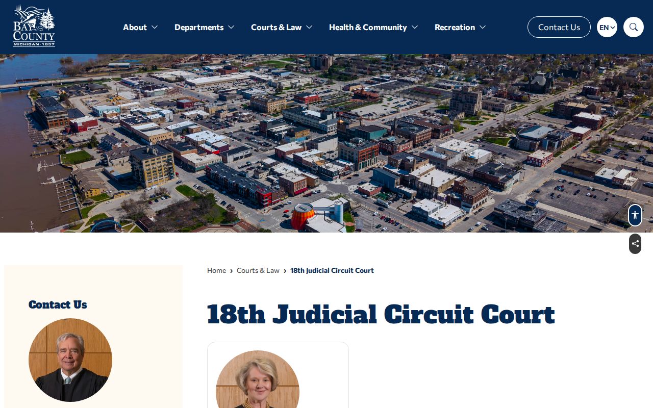 18th Circuit Court page showing higher-court routing for Bay County municipal warrant cases