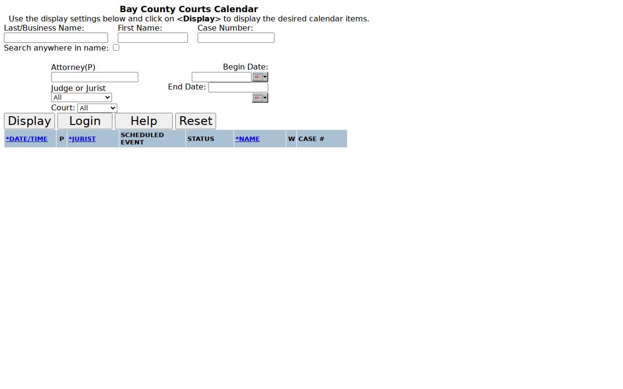 74th District Court docket calendar used for Bay County active warrant research