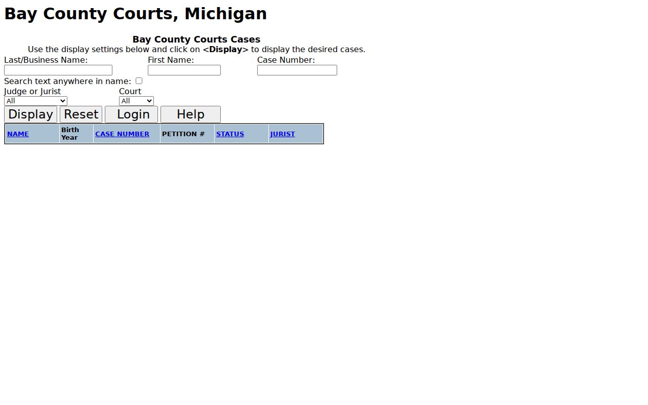 74th District Court case lookup page used for Bay County warrant search research