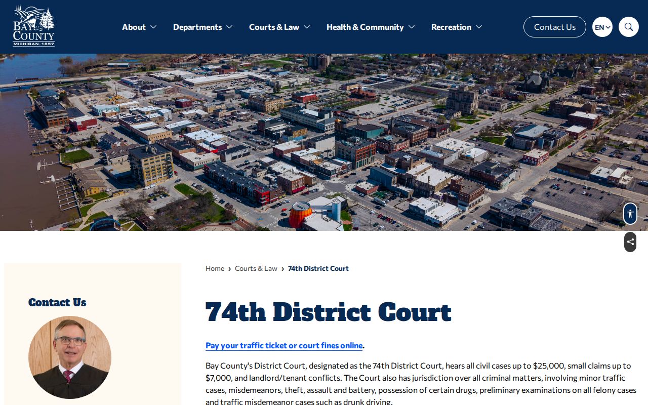 74th District Court page showing the court that handles Bay County municipal warrant cases