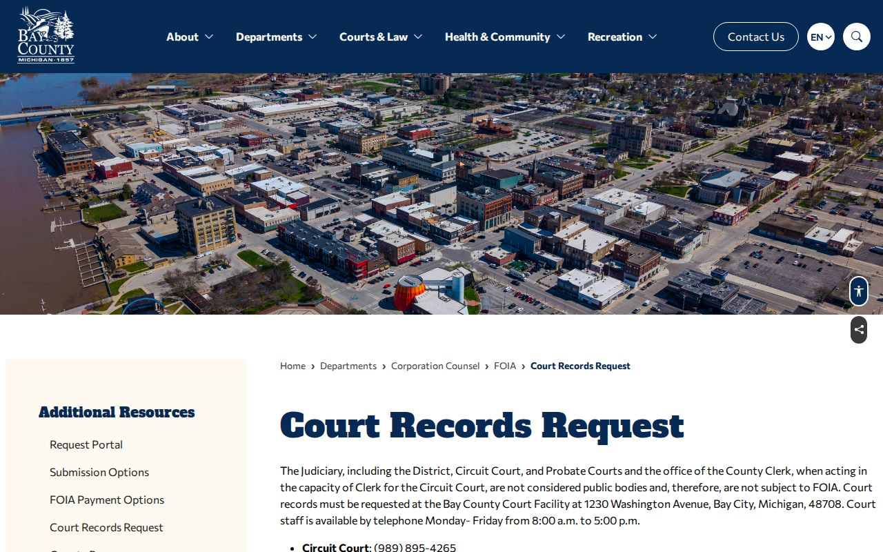 County page explaining that court records are not FOIA requests for Bay County municipal warrant cases