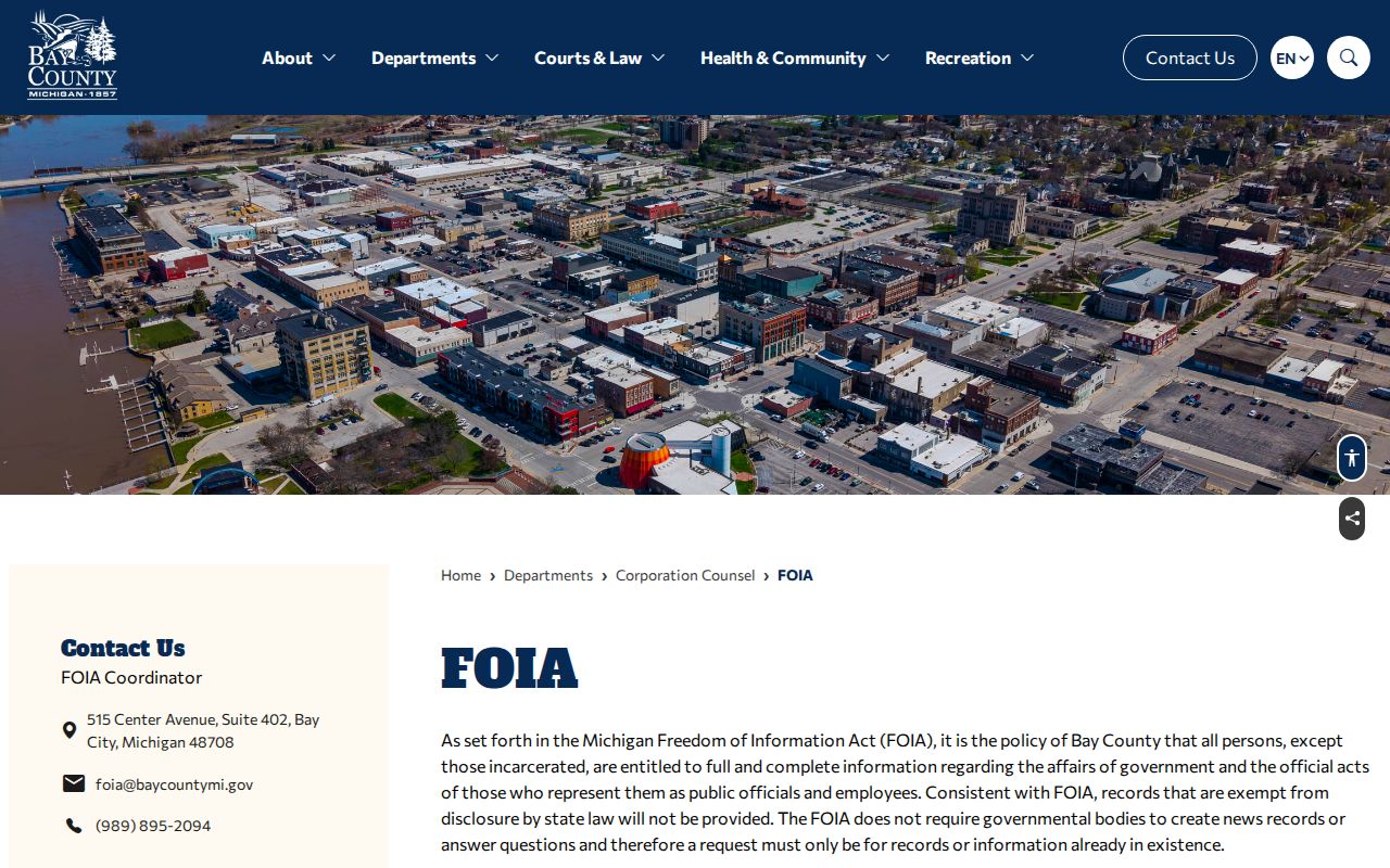 Bay County FOIA overview page used for Bay County warrant record requests