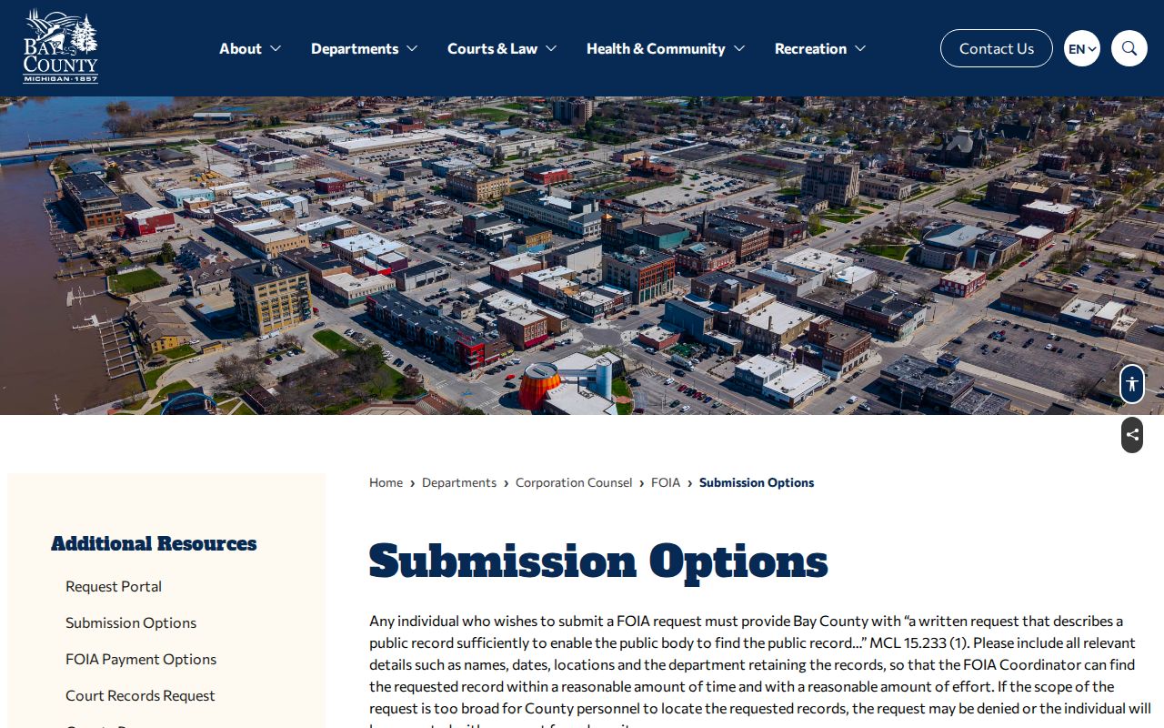 Bay County FOIA submission page listing required content for warrant record requests