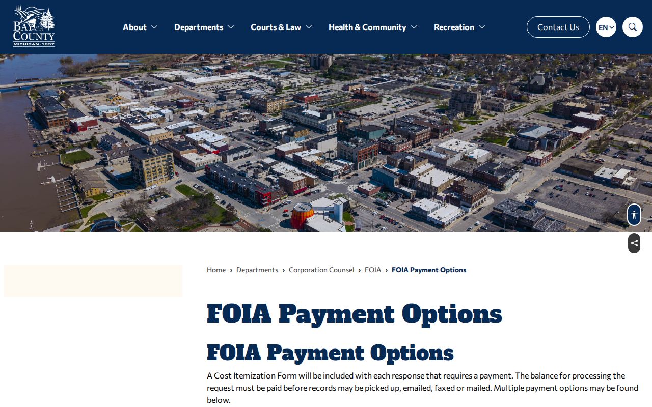 Bay County FOIA payment options page for warrant record request fees