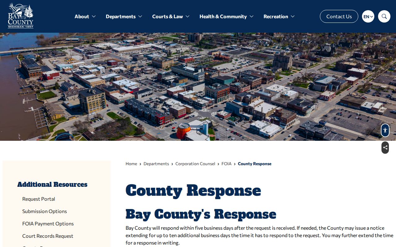 Bay County FOIA response page describing timing for Bay County warrant records requests