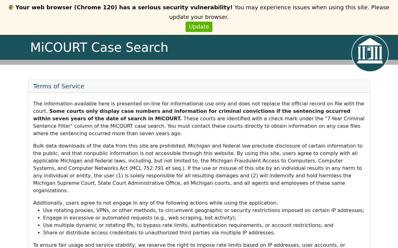 MiCOURT statewide case search used for Bay County arrest warrant record research