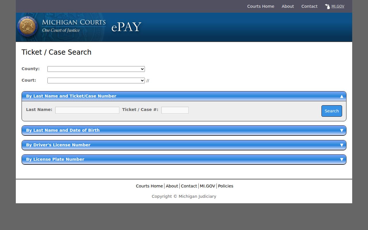 Statewide eTix ticket search page reviewed for Bay County traffic warrant coverage