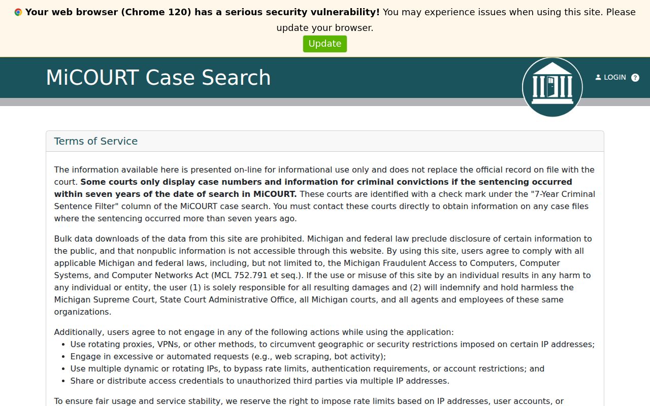MiCOURT case search route for Bay County probate and family bench warrant records
