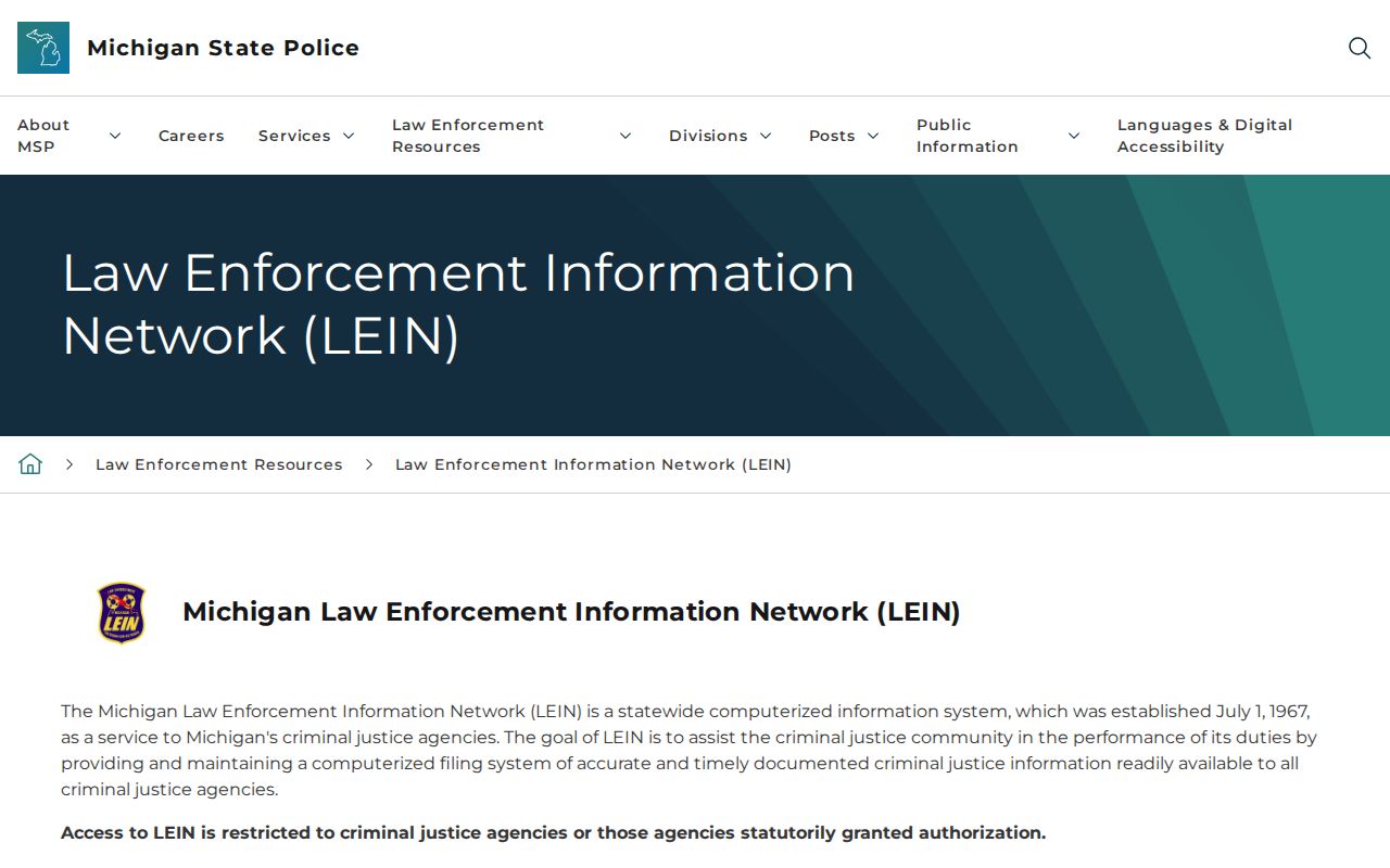 Michigan LEIN page explaining restricted access to Bay County warrant information