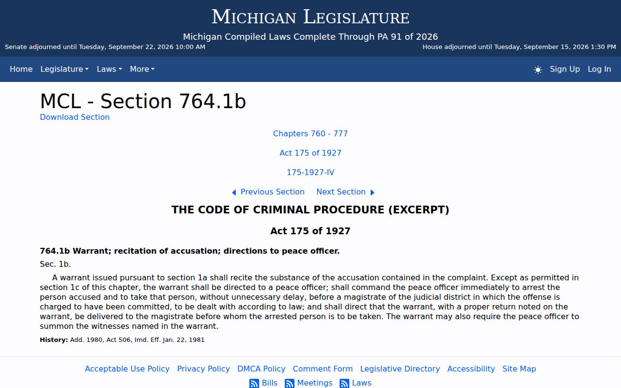 MCL 764.1b arrest warrant statute used for Bay County arrest warrant research