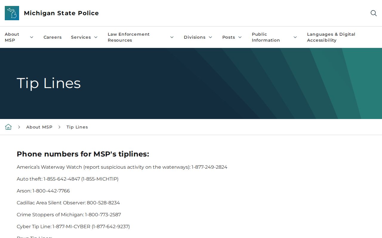 Michigan State Police tip line page listing statewide most wanted programs for Bay County readers