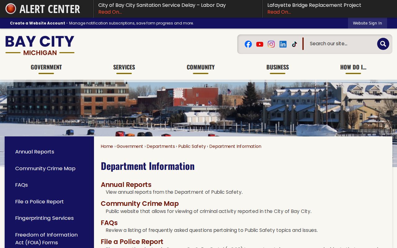 Bay City Department of Public Safety page used for Bay City warrant records research