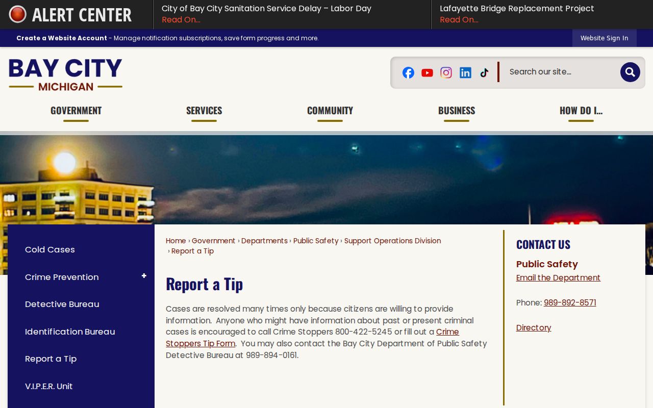 Bay City report a tip page for Bay City warrant records readers