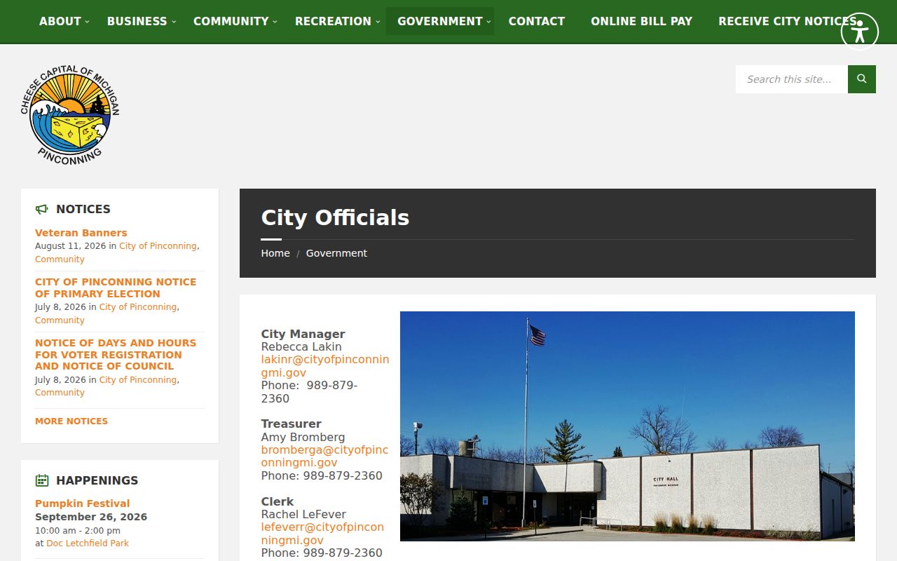 Pinconning city hall page showing the shared address for Pinconning warrant records questions