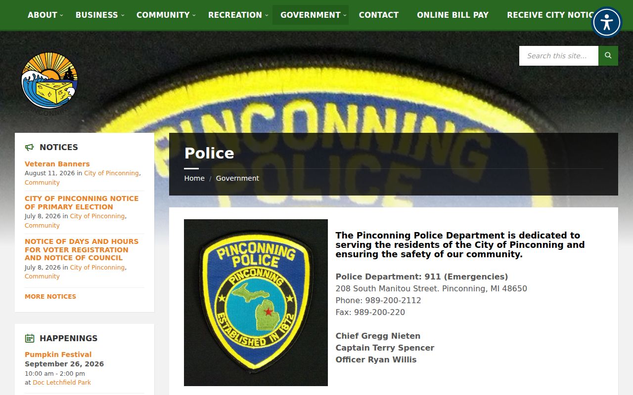 Pinconning Police Department page used for Pinconning warrant records research