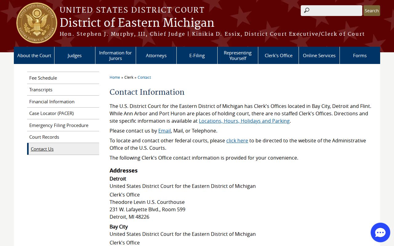 Federal court clerk contact page for federal arrest warrants near Bay County