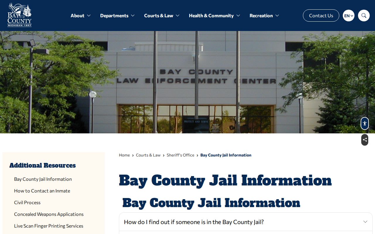 Bay County jail information page about VINELink custody checks and Bay County warrants