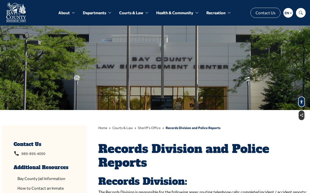 Bay County Sheriff Records Division page for Bay County warrant records requests